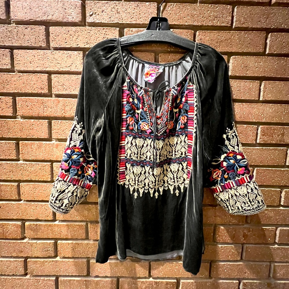 Johnny Was, velvet, embroidered peasant blouse